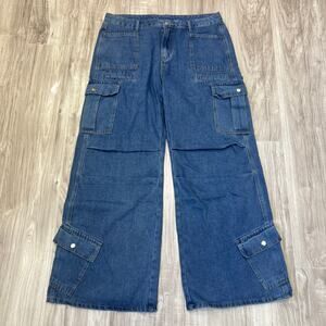 Shein Baggy Cargo Jeans Wide Leg Utility Pocket Denim Pants Size 32 Blue